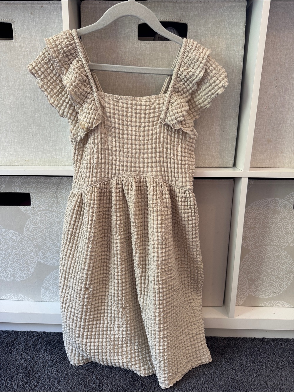 Zara Cream Textured Smocked Sundress with Ruffle Sleeves
